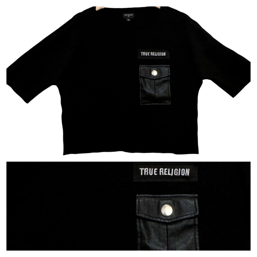 True Religion Womens Crop Top Size S Vegan Faux Leather Pocket Bikercore Edgy